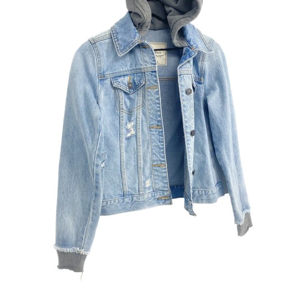 ABERCROMBIE & FITCH NEW YORK Grey Hoodie Distressed Denim Jacket Size S - Picture 2 of 15
